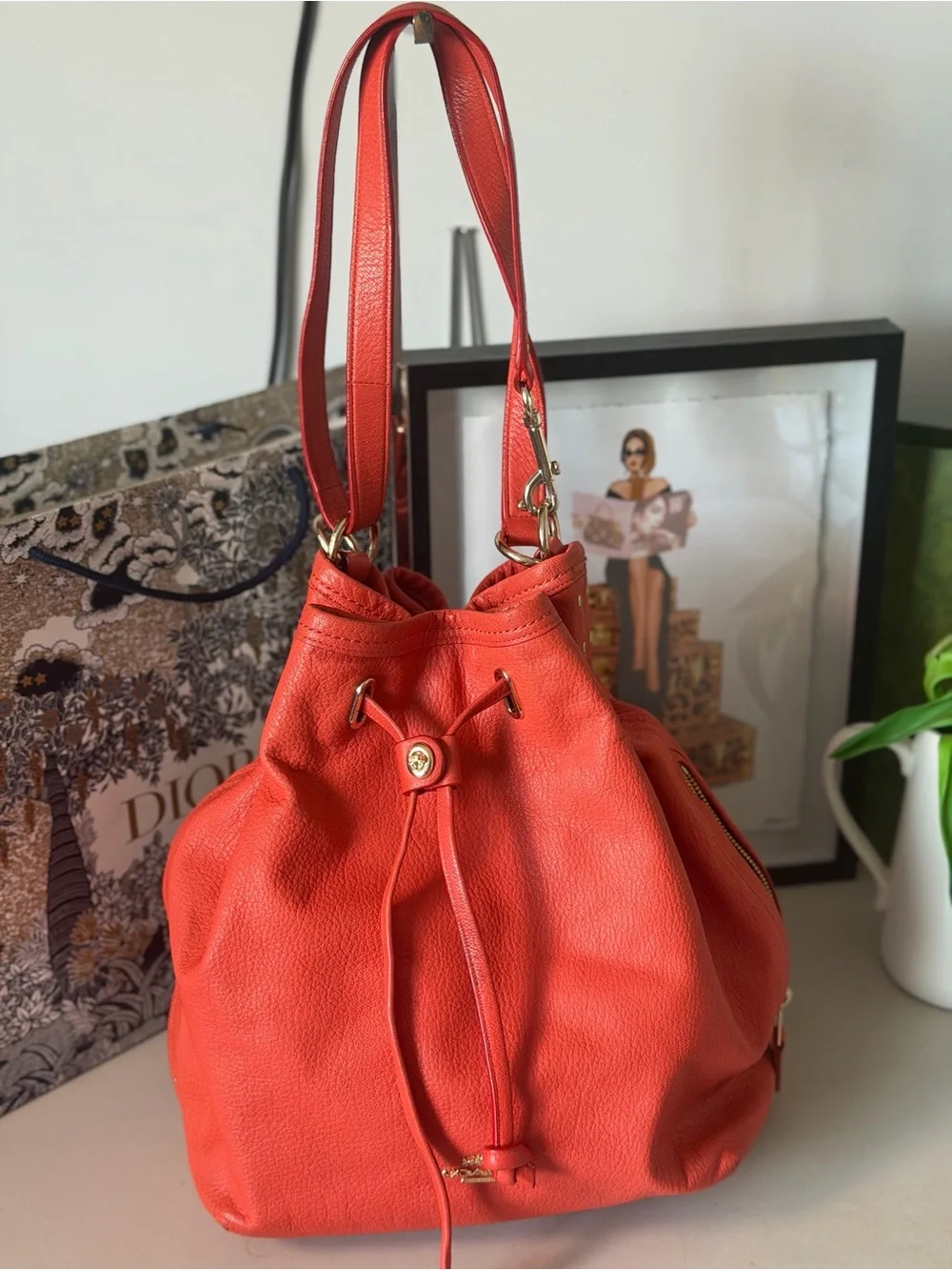 Coach Turnlock Tie Bucket Bag – Coral Pebbled Leather Drawstring Shoulder Bag